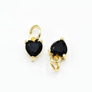 2 x Brass Micro Pave Jet Cubic Zirconia Heart Charm 8.5x7x3.5mm - 18K Gold Plated