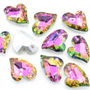 20 x Faceted Glass Heart Pendants Silver Plated 14x12mm - Pink / Green